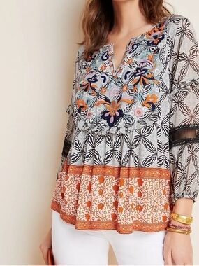 Anthropologie Terri Boho Floral Embroidered Top in Orange, Black, and White